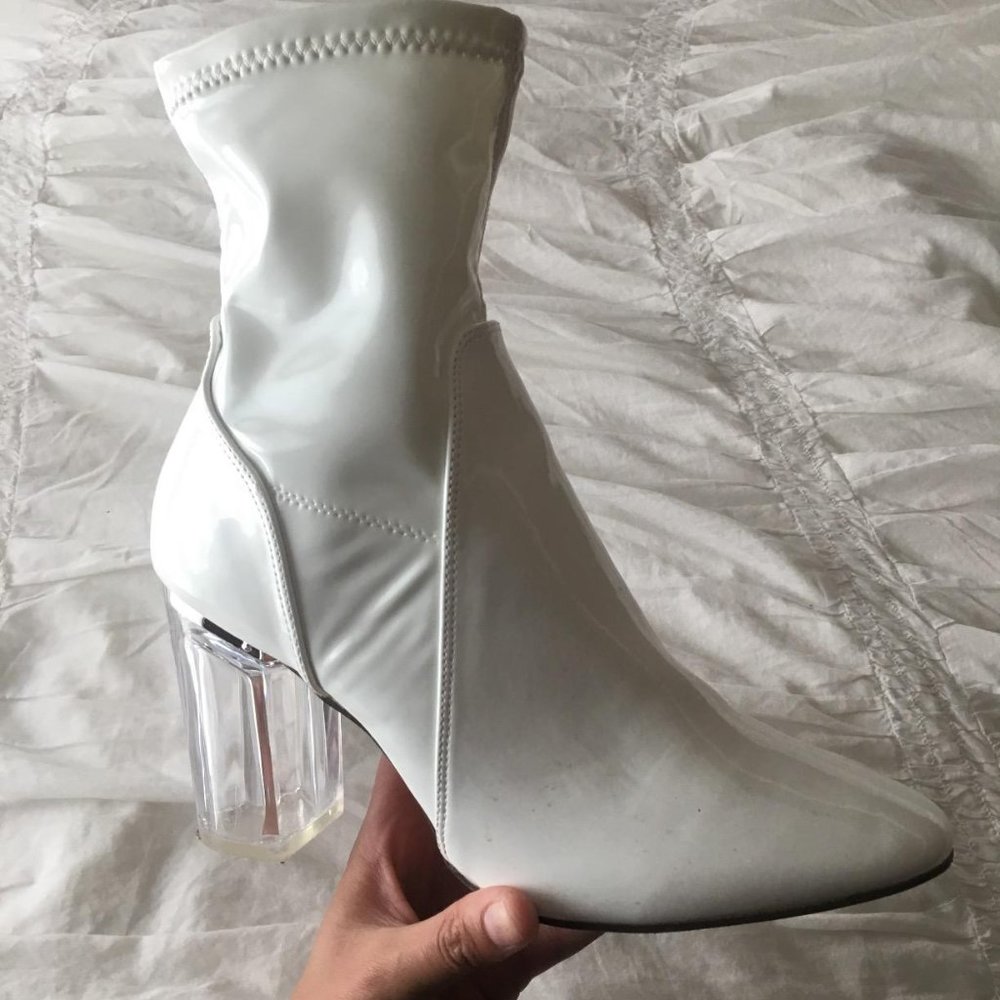 Ollio Women's Shoe Enamel or Faux Suede Side Zip Up Clear High Heel Ankle Boots
